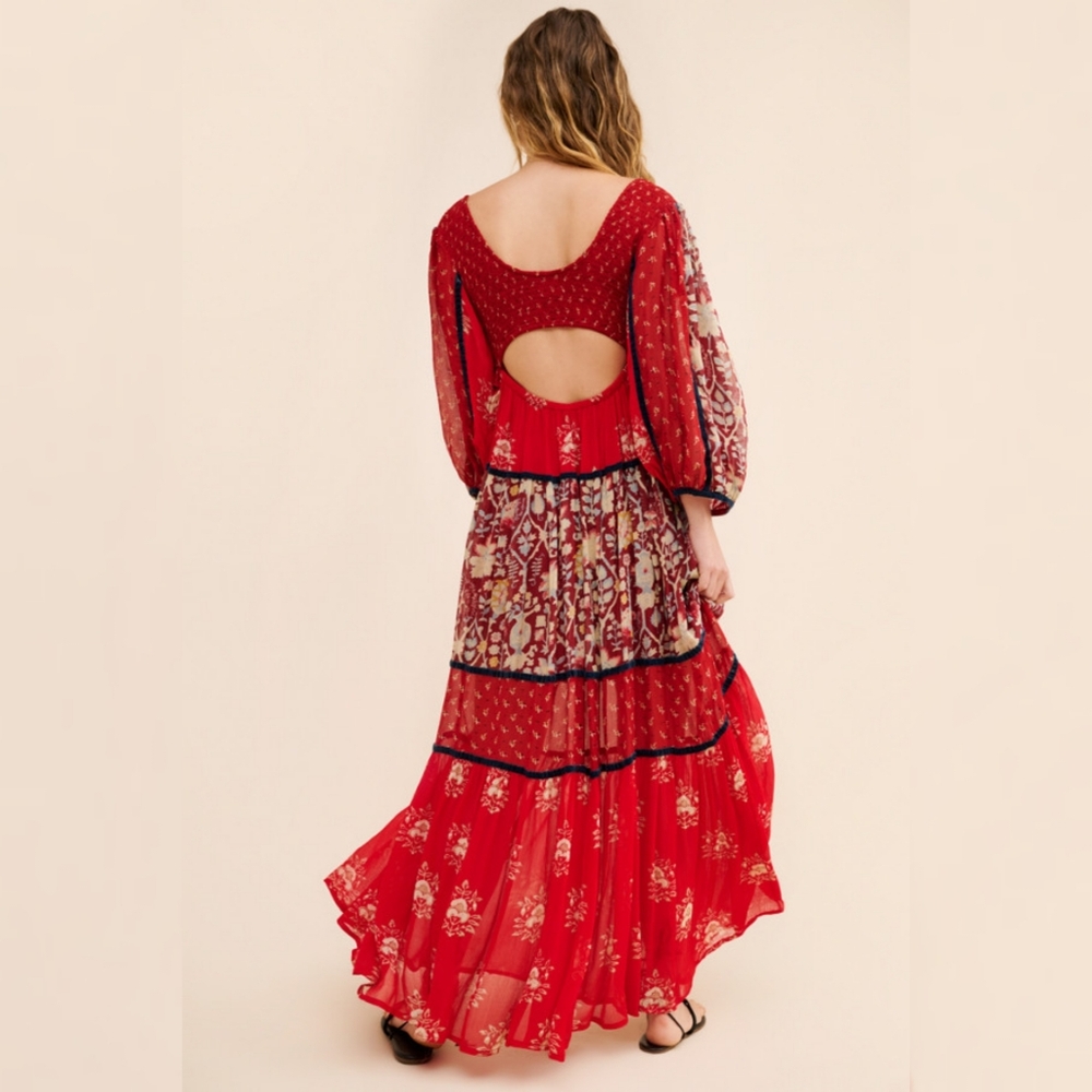 Free People Bali Laurel Maxi Dress Long Sleeve Cut-out Back Red Women's - Picture 2 of 15